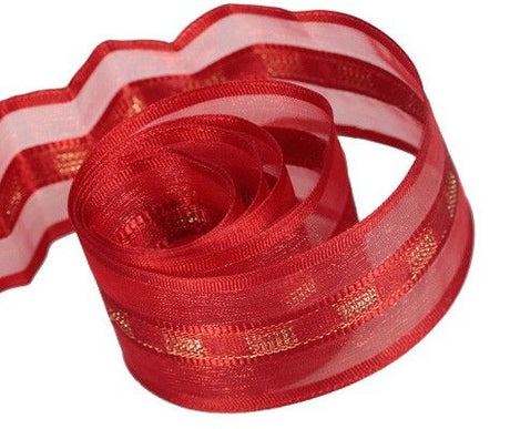 Red Sheer w/ Satin & Metallic Gold Center - Beatrice Sheer & Satin Center Ribbon - 1-1/2" x 50 Yards