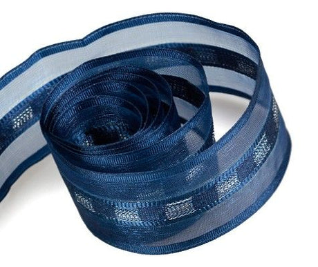 Light Navy Sheer w/ Satin & Metallic Silver Center - Beatrice Sheer & Satin Center Ribbon - 1-1/2" x 50 Yards