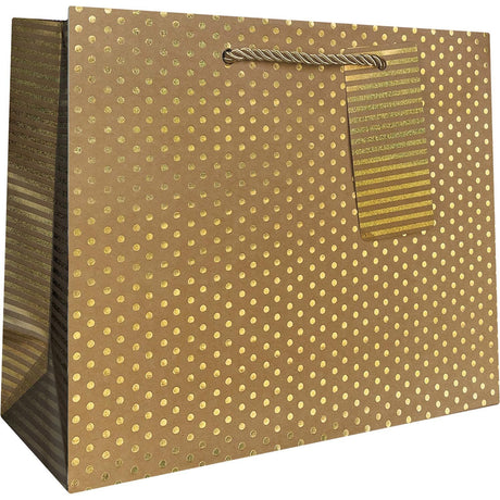 Gold Dot & Stripe on Kraft - Gift Bag - 10 x 4 x 8"