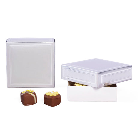 Silver/Silver Trim - Candy Box Lid - (3 oz x 2 Layers) 3-11/16 x 3-11/16 x 1-1/8"
