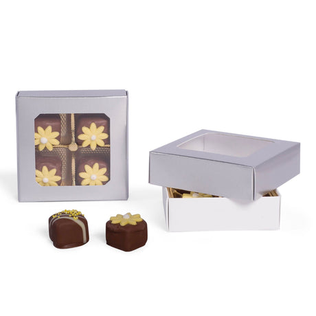 Silver Foil - with Window - Candy Box Lid - (3 oz) 3-11/16 x 3-11/16 x 1-1/8"