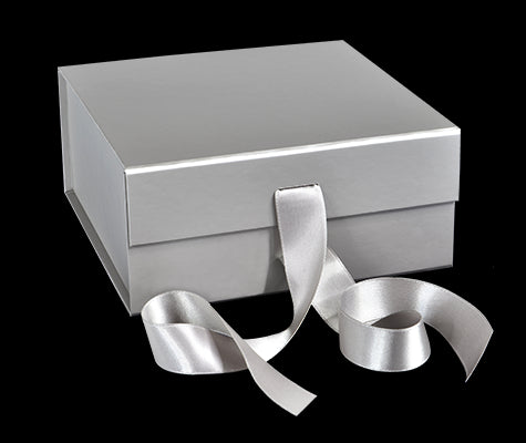 Matte Silver - Magnetic Ribbon Tie Gift Box - 8 x 8 x 3-1/8"