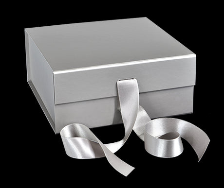 Matte Silver - Magnetic Ribbon Tie Gift Box - 8 x 8 x 3-1/8"