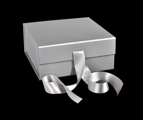 Matte Silver - Magnetic Ribbon Tie Gift Box - 6 x 6 x 2-3/4"