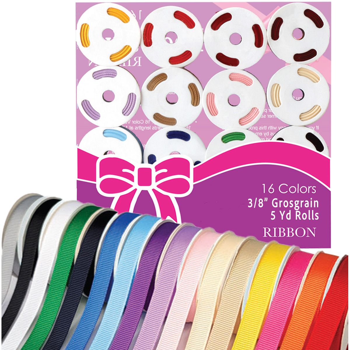 16 Colors - Grosgrain Variety Pack Ribbon - 3/8" x 5yd.