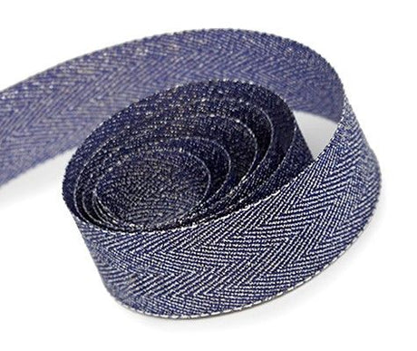 Navy / Silver - Herringbone Glitter Ribbon - 5/8" x 100 Yards