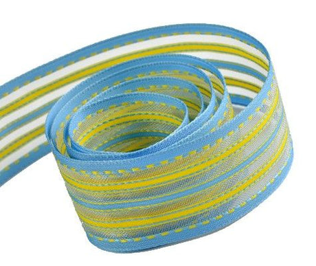 Light Blue / Yellow - Party Stripes (Wired Edge) Ribbon - 1-1/2" x 50 Yards