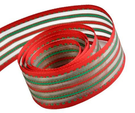 Red / Green - Party Stripes (Wired Edge) Ribbon - 1-1/2" x 50 Yards