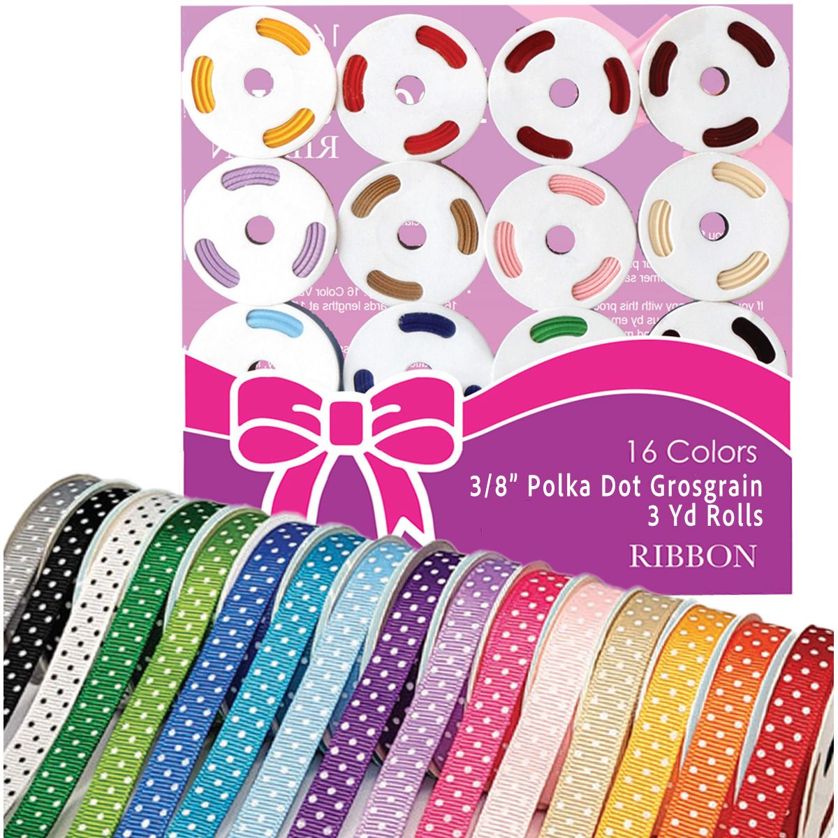 16 Colors - Polka Dot Grosgrain Variety Pack Ribbon - 3/8" x 3yd.