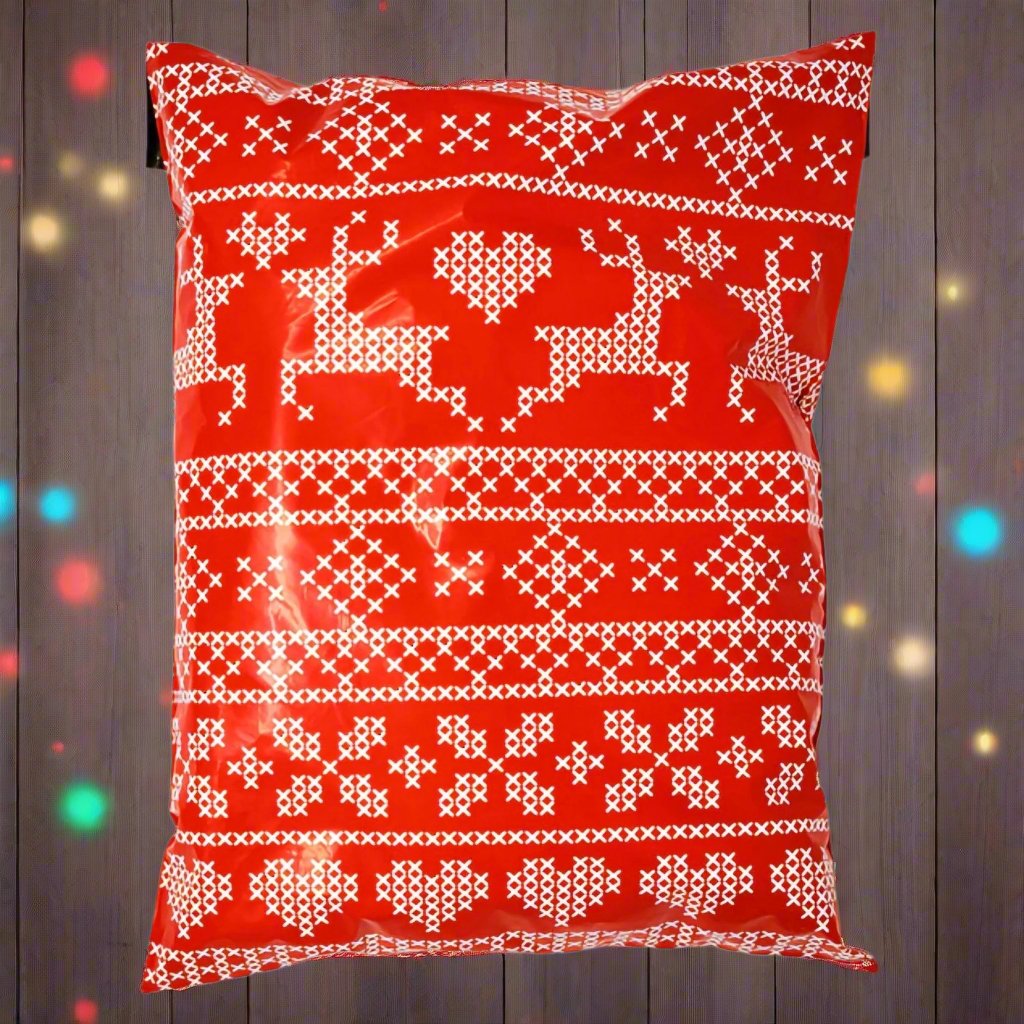 Red Reindeer Poly Mailers Size 10x13 Christmas Sweater Design Shipping Bags
