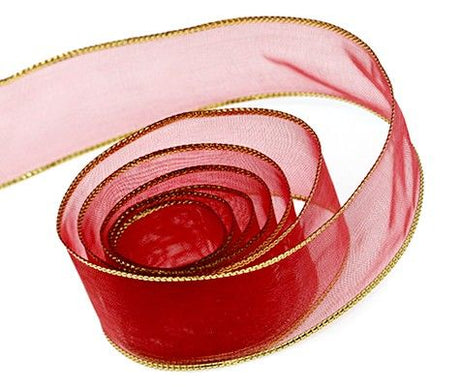 Red / Gold Edge - Classic Chiffon Ribbon (Wired Edge) - 7/8" x 100 Yards