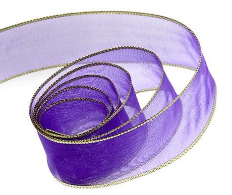 Regal Purple / Gold Edge - Classic Chiffon Ribbon (Wired Edge) - 7/8" x 25 Yards