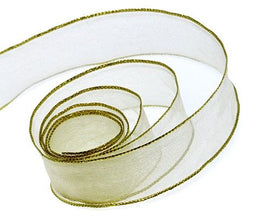 Ivory / Gold Edge - Classic Chiffon Ribbon (Wired Edge) - 7/8" x 25 Yards