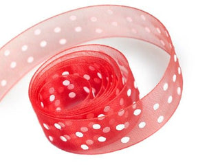 Red / White Dots - Sheer Confetti Ribbon - 7/8" x 100 Yards