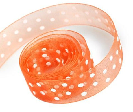 Orange / White Dot - Sheer Confetti Ribbon - 7/8" x 25 Yards