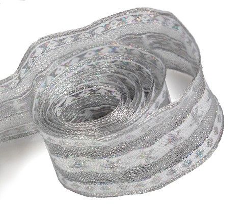 White / Silver - Star Bright (Wired Edge) Ribbon - 1-1/2" x 50 Yards