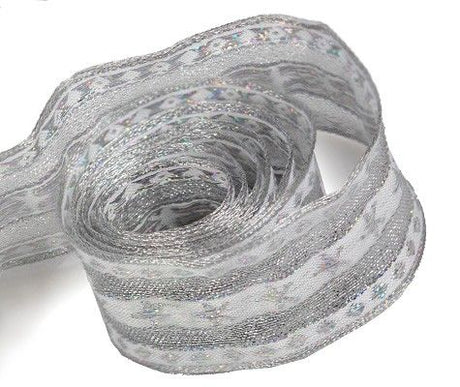 White / Silver - Star Bright (Wired Edge) Ribbon - 1-1/2" x 50 Yards