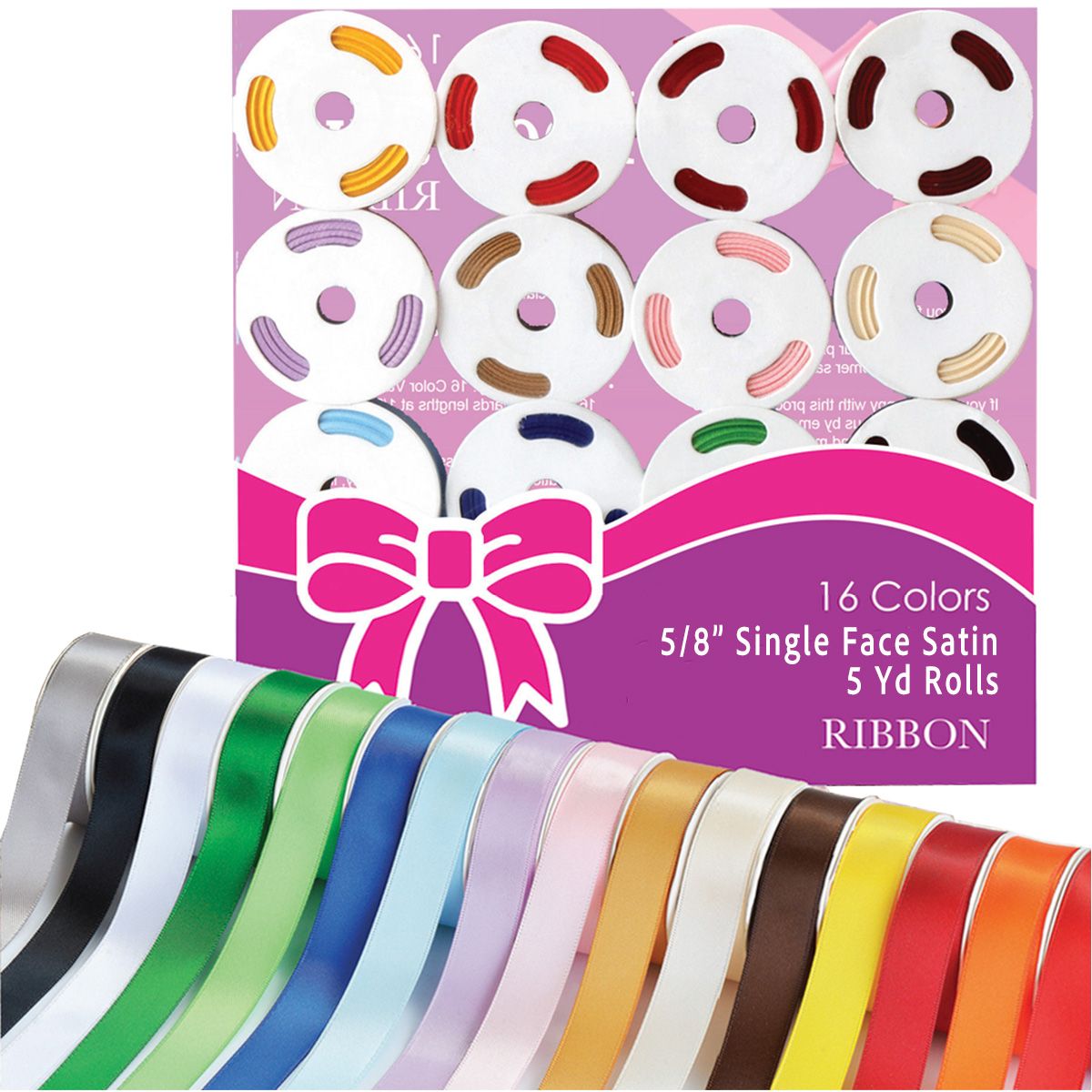 16 Colors - Single Face Satin Variety Pack Ribbon - 5/8" x 5yd.