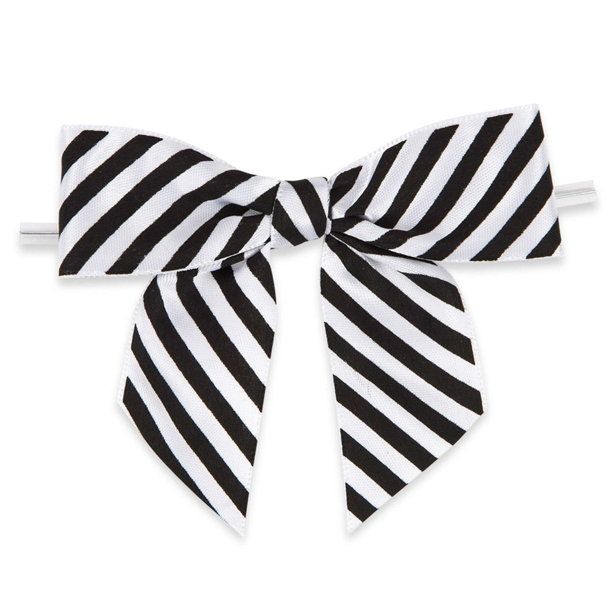 Black/White Diagonal Stripe - Bow with Twist Tie - 3-1/2" Width Bow - 4" Twist Tie