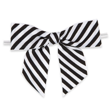 Black/White Diagonal Stripe - Bow with Twist Tie - 3-1/2" Width Bow - 4" Twist Tie