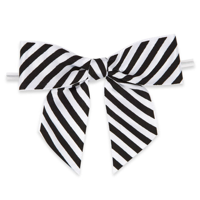 Black/White Diagonal Stripe - Bow with Twist Tie - 3-1/2" Width Bow - 4" Twist Tie