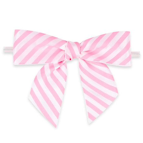 Pink/White Diagonal Stripe - Bow with Twist Tie - 3-1/2" Width Bow - 4" Twist Tie