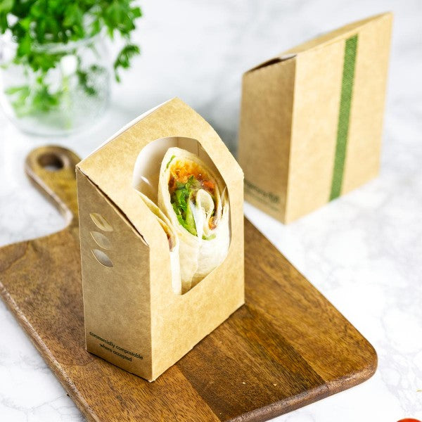 Vegware Kraft Tortilla Wrap Box with PLA Window, Compostable Food Carton (QTY 500), SKU VWWTT