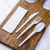 Vegware Compostable CPLA Cutlery Kit with Napkin, Knife, Fork & Spoon, White (QTY 250), SKU VW-KFSWN