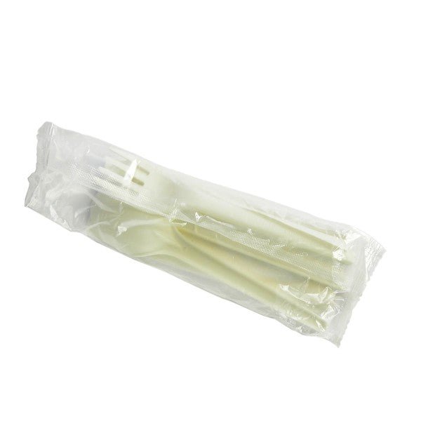 Vegware Compostable CPLA Cutlery Kit with Napkin, Knife, Fork & Spoon, White (QTY 250), SKU VW-KFSWN