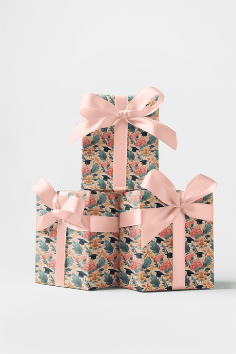 Flowered Milestones - Graduation Caps & Diplomas Wrapping Paper