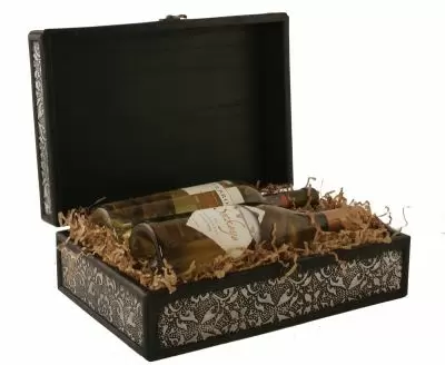 Black Embossed Damask - Aluminum Gift Box - Wood Trim - 13 x 8.25 x 3